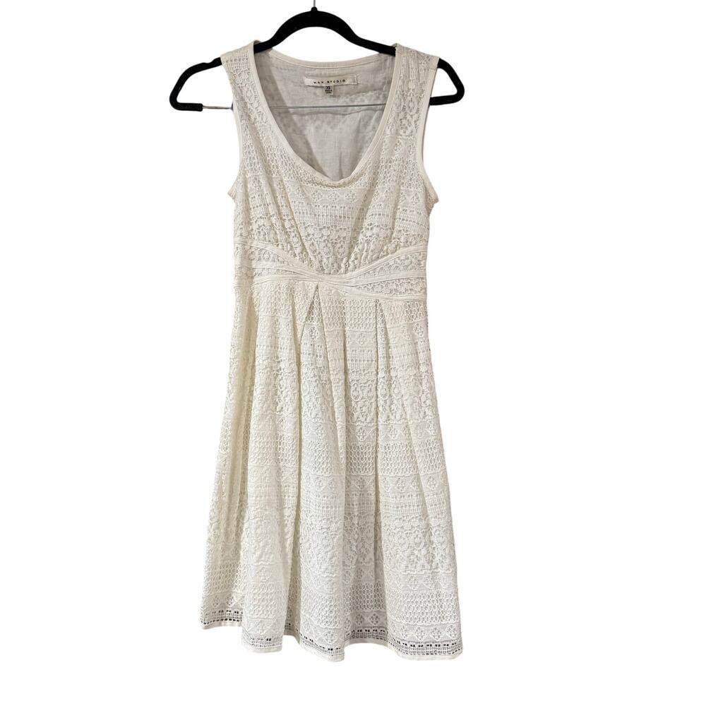Max Studio White Lace Dress XS Sleeveless Fit & Flare Boho Crochet Knee Length